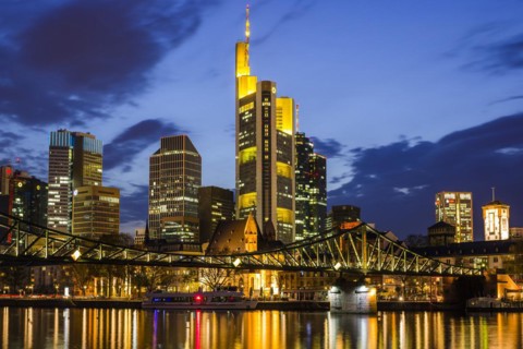 Skyline and banking district after sunset, twilight, Tower 185, Commerzbank, HelaBa, Hessische