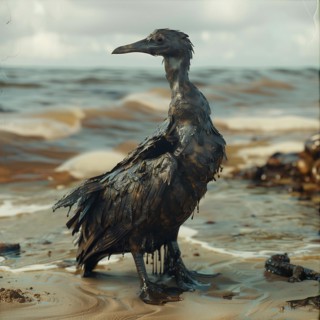 A lone Bird covered in oil stands on the beach, an image of grief and isolation, AI generated