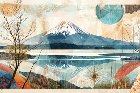 A peaceful scenery with the majestic Mount Fuji in the distance, surrounded by geometric designs