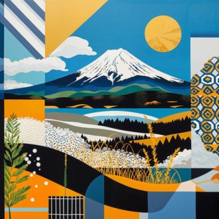 Colourful abstract depiction of a landscape with Mount Fuji and the sun as the central motif,