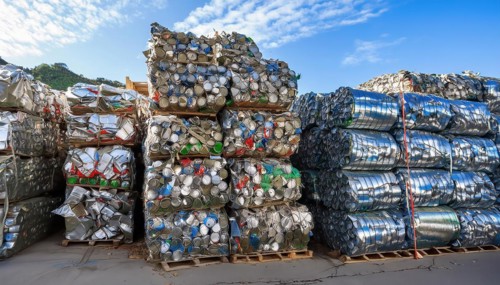 Symbol photo, many empty tin cans, pressed and bundled into bales in a recycling plant, AI