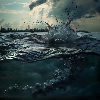 Plastic bottle floats in the ocean with impressive waves and dark sky, pollution, environmental