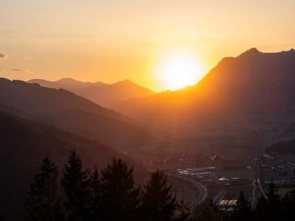 Sunset over the Liesingtal, in the evening light the village of Traboch, Schoberpass federal road,