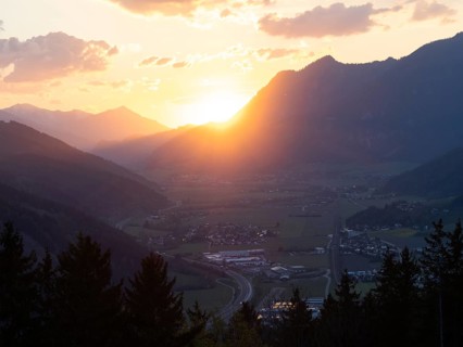 Sunset over the Liesingtal, in the evening light the village of Traboch, Schoberpass federal road,