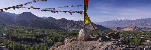 Panorama over Leh and the Namgyal Tsemo Gompa monastery on Tsenmo Hill, a viewpoint over Leh,