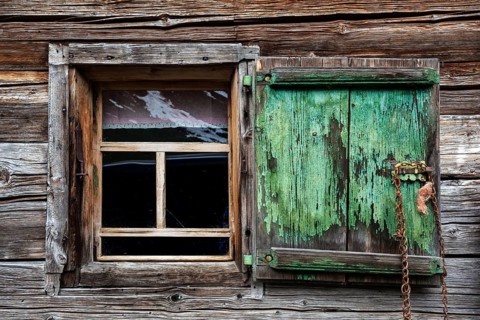 Window with shutter, Naturalpe Gemstel-Schoenesboden-Alpe, Gemsteltal, Mittelberg, Kleinwalsertal,
