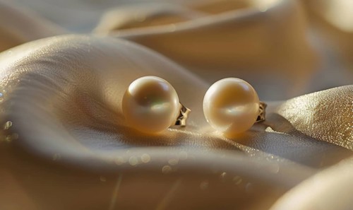 Pair of pearl drop earrings delicately arranged on a smooth satin material background AI generated