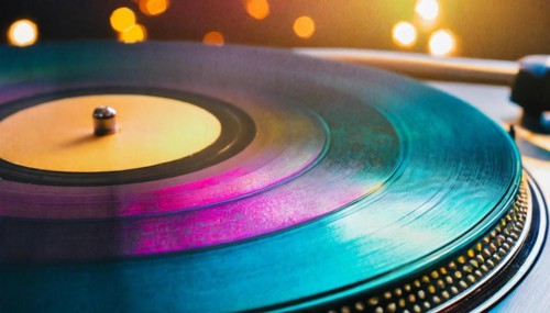 Vinyl play a song on a classic turntable against a vibrant background with bokeh effect ai