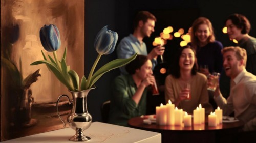 A group of people are sitting around a table with candles and wine glasses. One of the people is