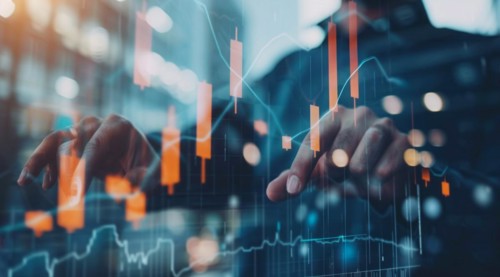 A man is pointing at a graph on a transparent screen showing market and economy trends, AI