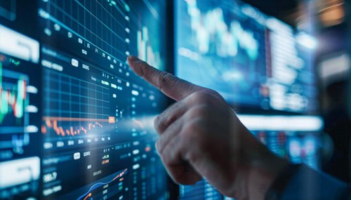 A man is pointing at a graph on a transparent screen showing market and economy trends, AI