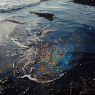 Oily substances contaminate the beach area, waves bring movement into the picture, environmental