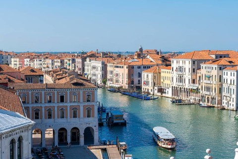 View from the roof of the Fondaco dei Tedeschi, boats on the Grand Canal, Venice, Veneto, Italy,