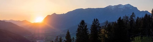 Sunset over the Liesingtal, in the evening light the village of Traboch, Schoberpass federal road,