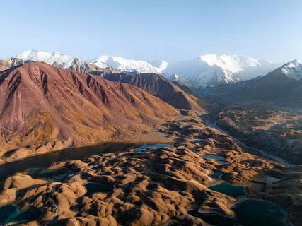 Aerial view, high mountain landscape with glacial moraines and mountain lakes, behind Pik Lenin,
