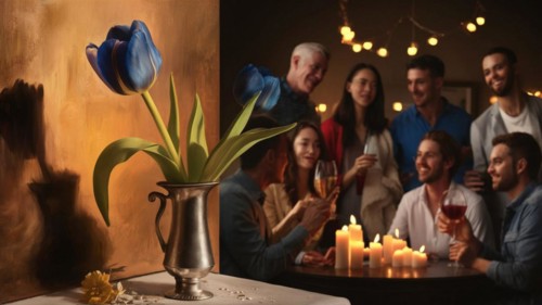 Elegant silver vase with tulips on a table at a social event with candles, friends in the