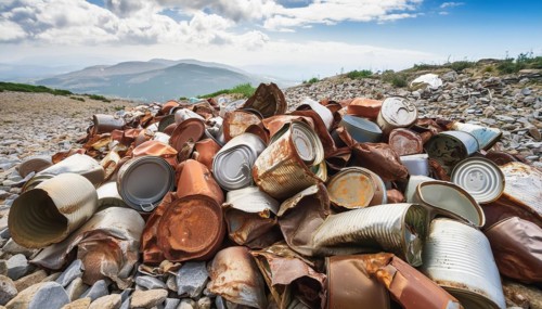 Symbol photo, many empty tin cans, partly crushed, rusty, dirty, lying in the landscape, AI