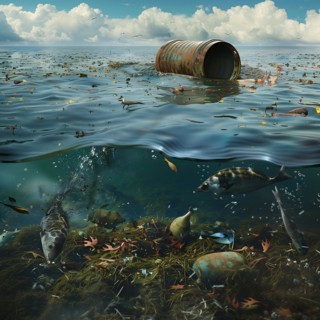 Underwater view of an environmental disaster with dead Fish and sunken barrels, pollution,