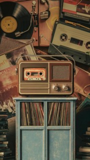 Retro styled image with vintage music equipment and vinyl records, AI generated