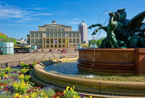 Mendebrunnen, Leipzig Opera House and Winter Garden Tower, Augustusplatz, Leipzig, Saxony, Germany,