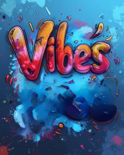 Colorful urban-style artwork with neon 'Vibes' script amid dynamic paint splashes, AI Generated, AI