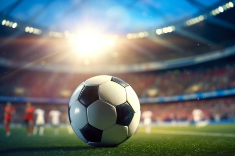 A soccer ball on a green field in soccer football stadium in evening on sunset with floodlights