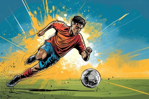 A soccer player dribbles and kicks a soccer ball. Abstract vintage grungy poster style with muted