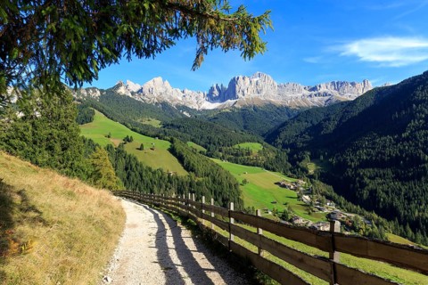 Sunlit hiking trail with a view of the mountain landscape and bright blue sky, Italy, Alto Adige,
