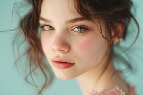 Young beautiful woman on teal blue studio backgorund. KI generiert, generiert, AI generated