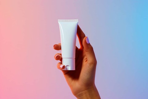 Woman's hand holding white cream tube in front of studio background. Close up of wind mill turbine