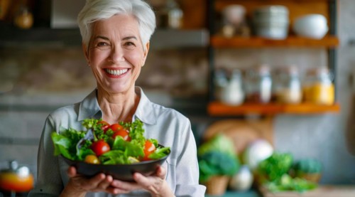 A senior aged woman is holding a healthy salad bowl in a kitchen. She is smiling and she is happy,