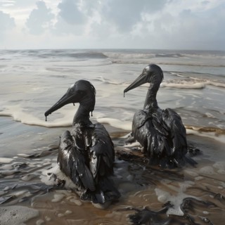 Two oil-covered Birds on a sandy beach with a sweeping view of the sea convey thoughtfulness, AI