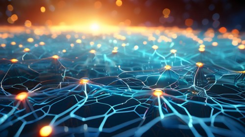 Ai generated conceptual illustration of a neuronal network with interconnected nodes pulsating in