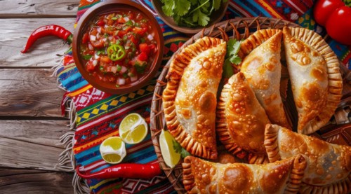 Tasty empanadas on a plate with colorful Mexican cloths as a background. National mexican food, AI