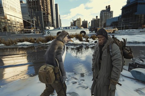 Imaginary interaction between human dressed King penguin and Monkey in a city in a wintery