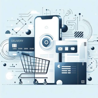Futuristic digital illustration representing online shopping and delivery services with a