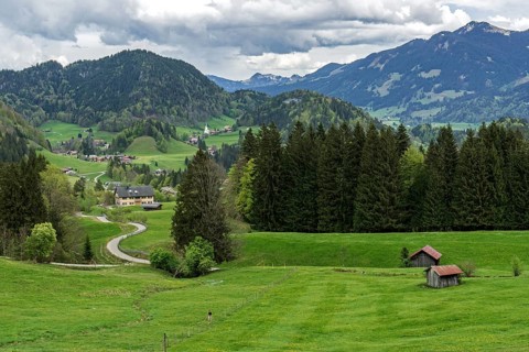 View from the Alpe Dornach to Tiefenbach and the Allgaeu Alps, Oberstdorf, Oberallgaeu, Allgaeu,