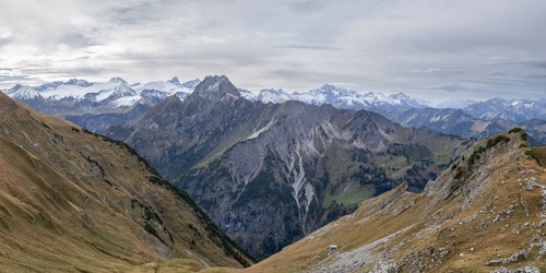 Mountain panorama from Laufbacher-Eckweg to Hoefats, 2259m, Allgaeu Alps, Allgaeu, Bavaria,