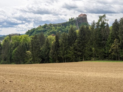 Farmland, behind Riegersburg with lift, Riegersburg, Styrian volcanic region, Styria, Austria,