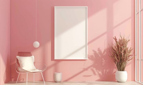 A blank image frame mockup on a soft blush pink wall in a minimalistic modern interior room AI