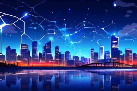 Ai generated conceptual illustration of a neuronal network with city skyline in the background in