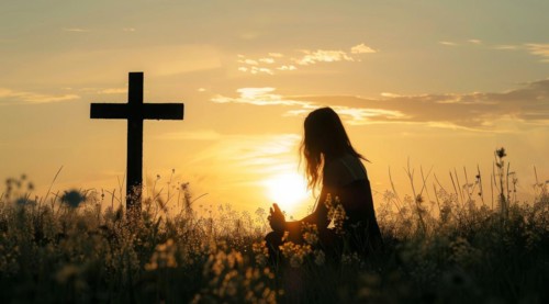 Devout faithful christian prays in front of the cross at a dramatic sunset with beautiful skies, AI