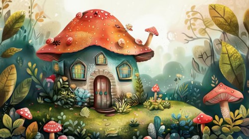 A whimsical illustration of a house designed like a red mushroom surrounded by nature, AI generated