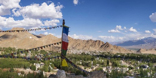 Panorama over Leh and the Namgyal Tsemo Gompa monastery on Tsenmo Hill, a viewpoint over Leh,