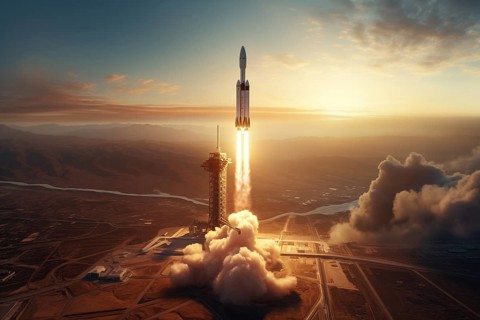 Aerial view of a rocket launch at sunrise sunset over an ocean coast. The rocket is blasting off