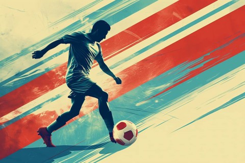 A soccer player dribbles and kicks a soccer ball. Abstract vintage grungy poster style with muted