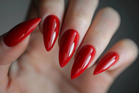 Woman's stiletto style shaped fingernails with red nail polish. KI generiert, generiert, AI