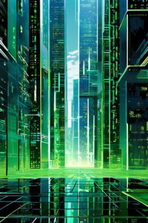 AI generated illustration of a cityscape with skyscrapers and holographic elements in grey and