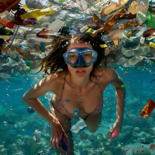 Woman dives underwater, surrounded by scattered plastic waste, AI generated