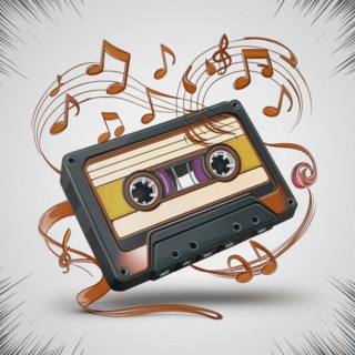 Simplified illustration of a cassette tape with monochrome music notes, AI generated